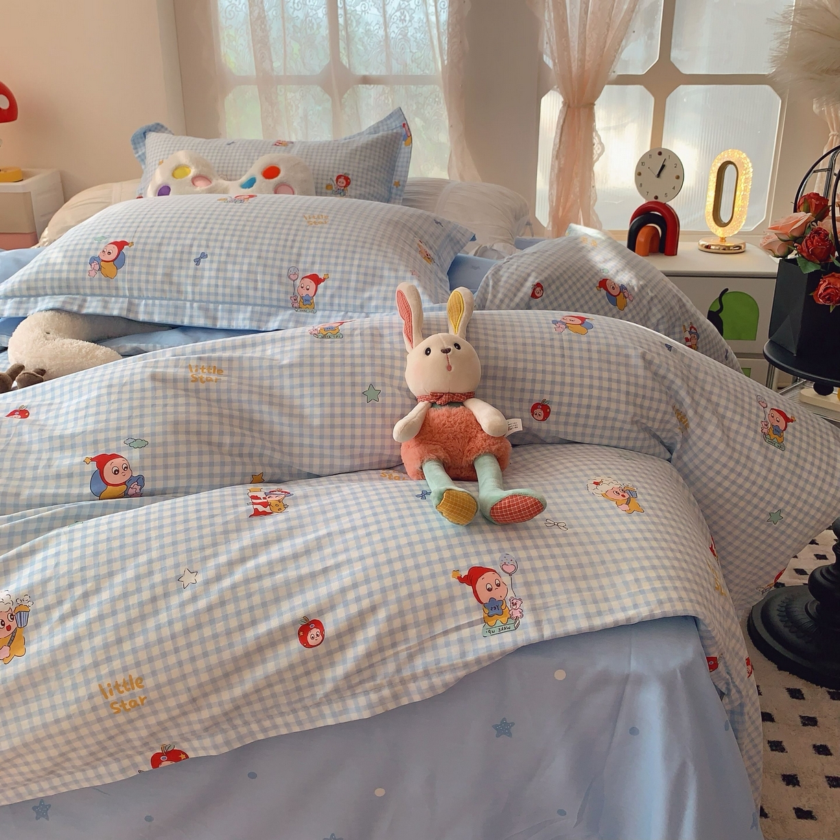 91家纺网 家纺一手货源 找家纺 莱豫家纺 2025新款小清新全棉纯棉四件套 星星人蓝