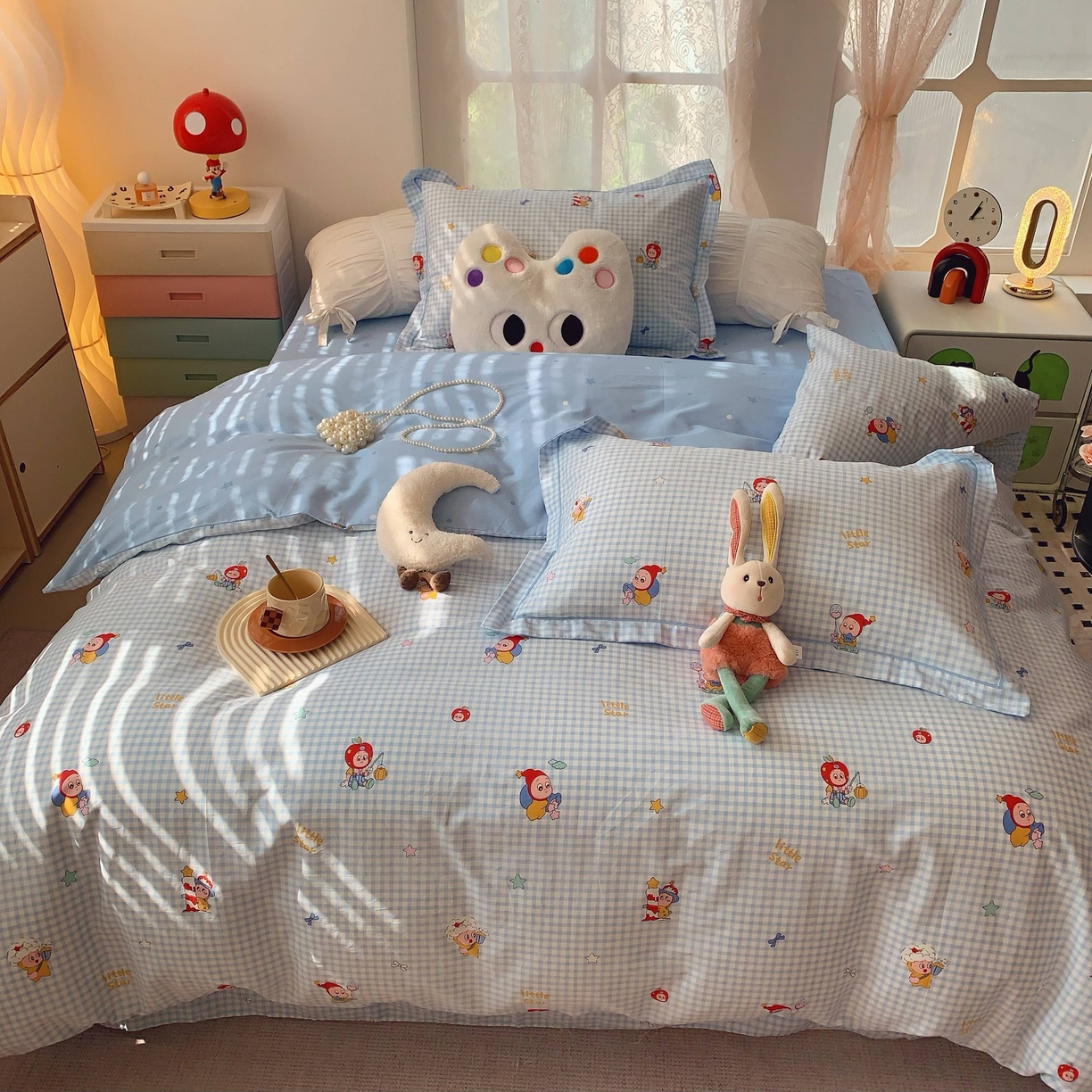 91家纺网 家纺一手货源 找家纺 莱豫家纺 2025新款小清新全棉纯棉四件套 星星人蓝