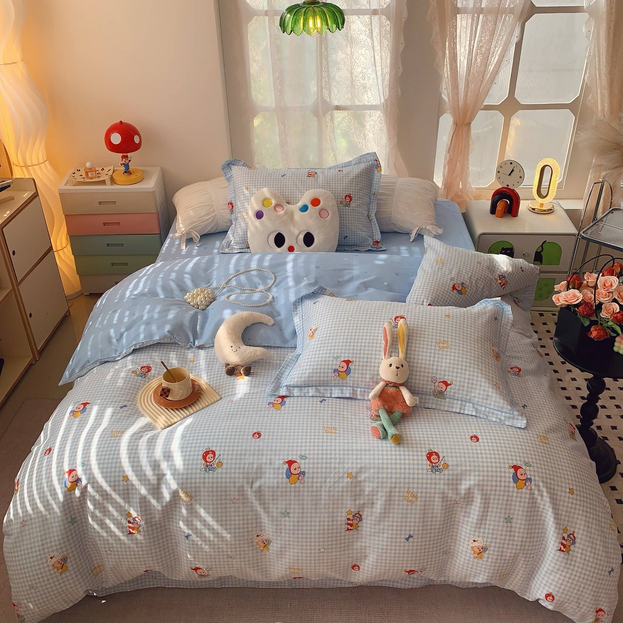 91家纺网 家纺一手货源 找家纺 莱豫家纺 2025新款小清新全棉纯棉四件套 星星人蓝