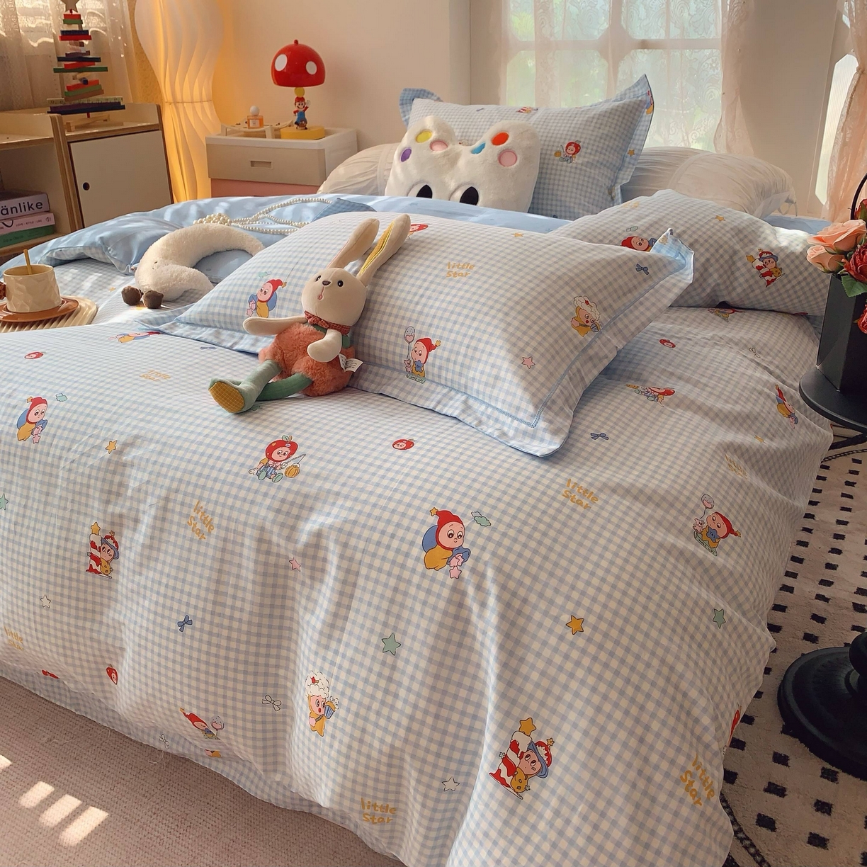 91家纺网 家纺一手货源 找家纺 莱豫家纺 2025新款小清新全棉纯棉四件套 星星人蓝