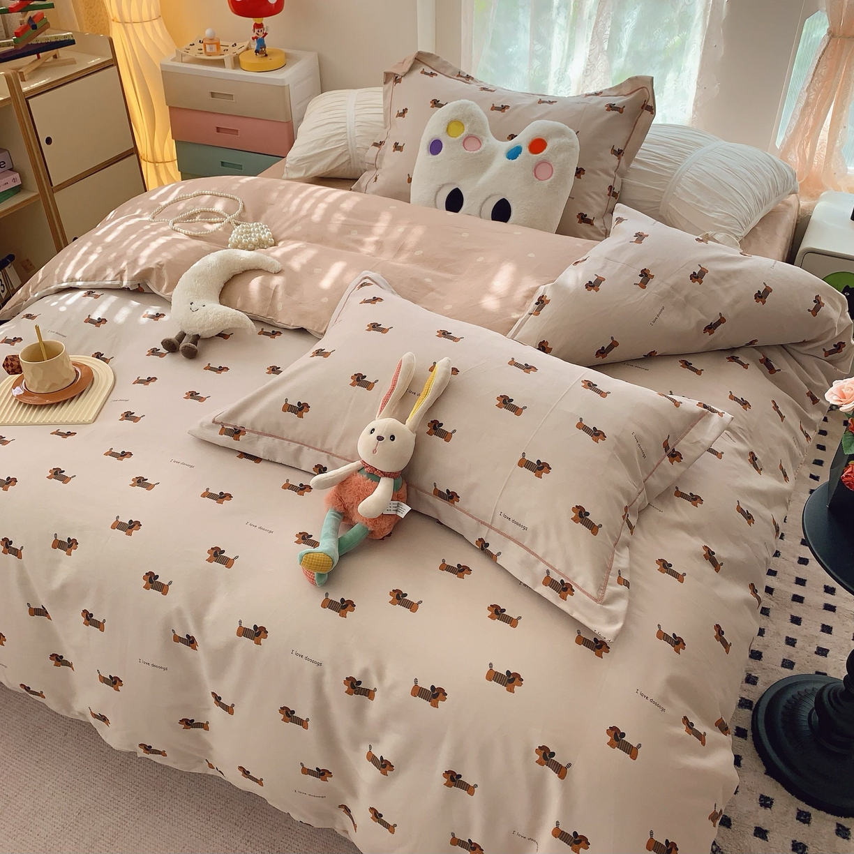 91家纺网 家纺一手货源 找家纺 莱豫家纺 2025新款小清新全棉纯棉四件套 可爱狗狗咖