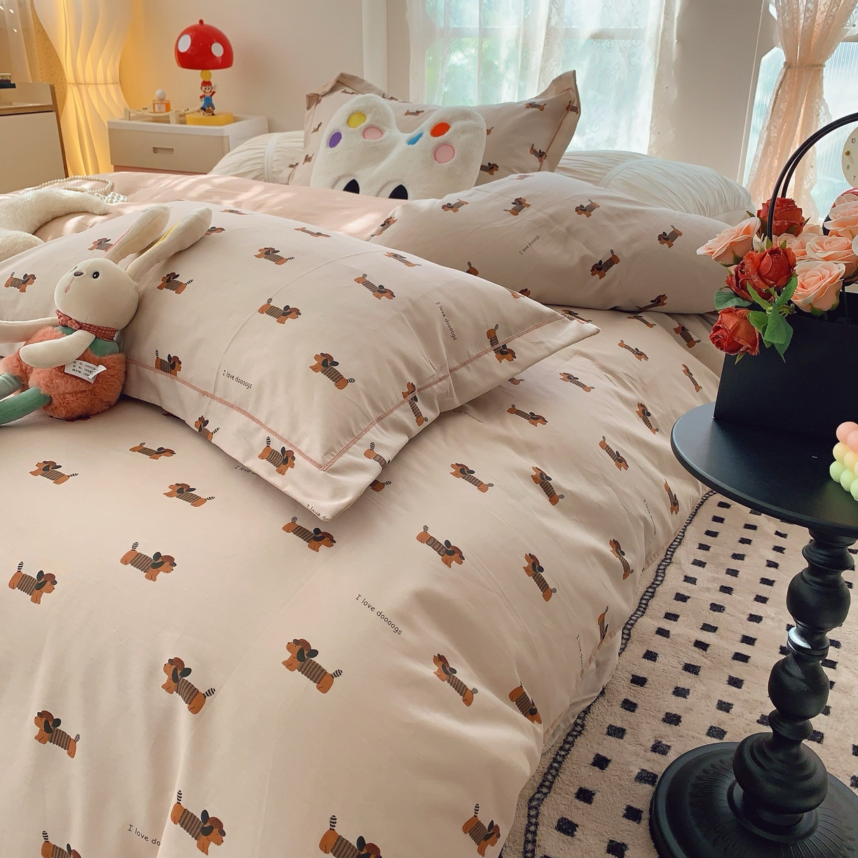 91家纺网 家纺一手货源 找家纺 莱豫家纺 2025新款小清新全棉纯棉四件套 可爱狗狗咖