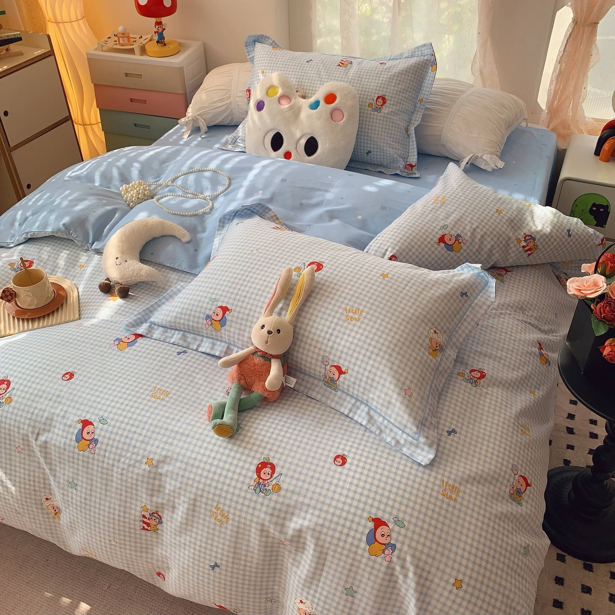 91家纺网 家纺一手货源 找家纺 莱豫家纺 2025新款小清新全棉纯棉四件套 星星人蓝