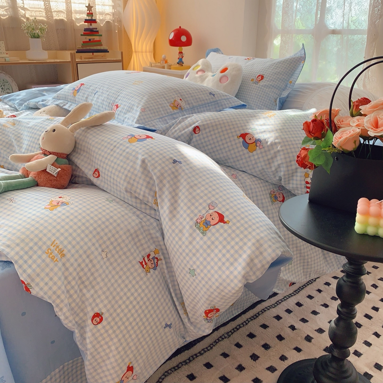 91家纺网 家纺一手货源 找家纺 莱豫家纺 2025新款小清新全棉纯棉四件套 星星人蓝