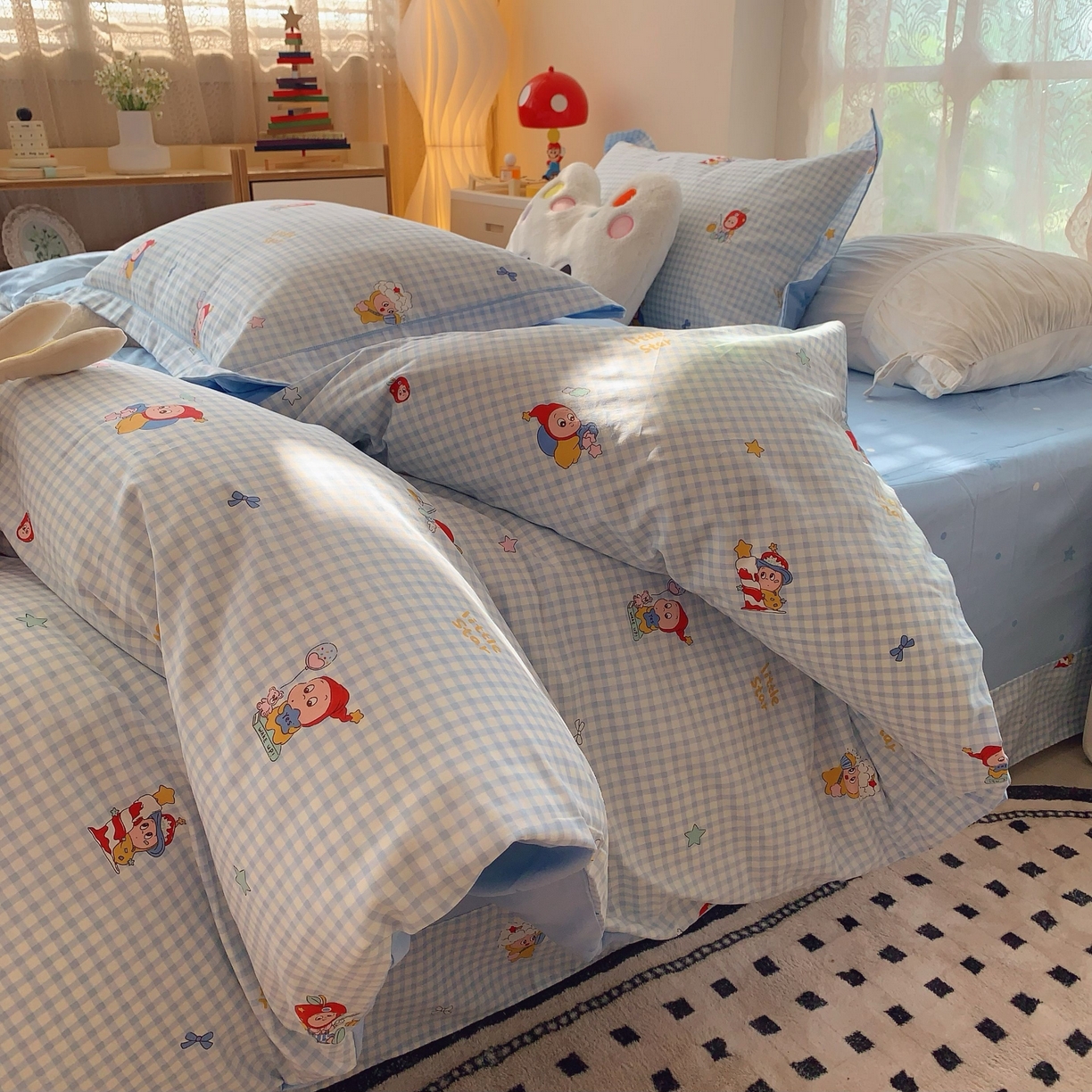 91家纺网 家纺一手货源 找家纺 莱豫家纺 2025新款小清新全棉纯棉四件套 星星人蓝