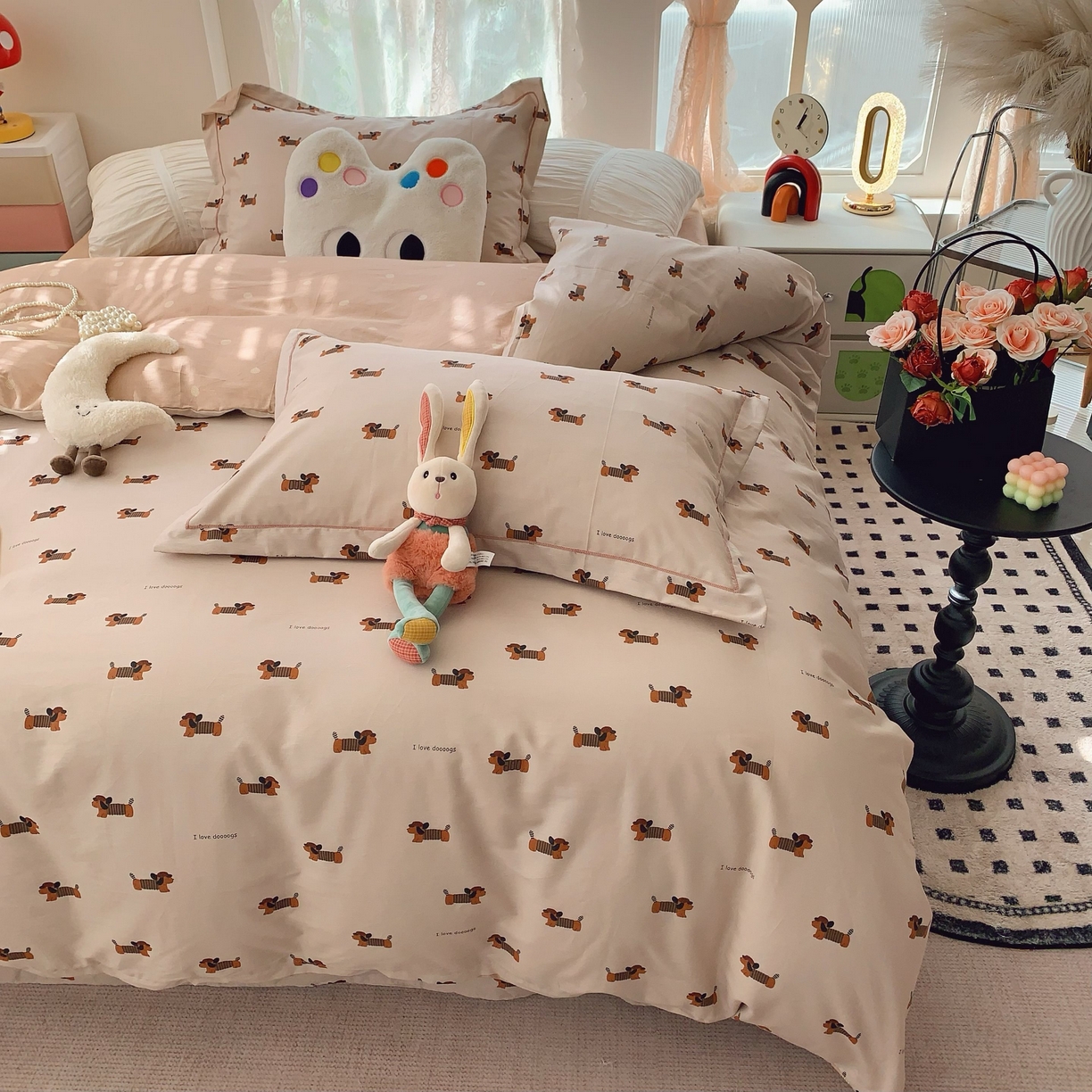 91家纺网 家纺一手货源 找家纺 莱豫家纺 2025新款小清新全棉纯棉四件套 可爱狗狗咖