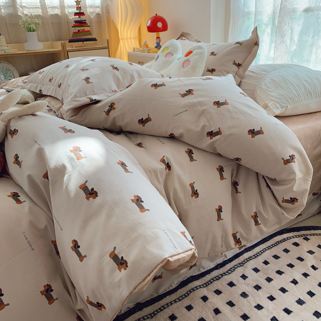 91家纺网 家纺一手货源 找家纺 莱豫家纺 2025新款小清新全棉纯棉四件套 可爱狗狗咖