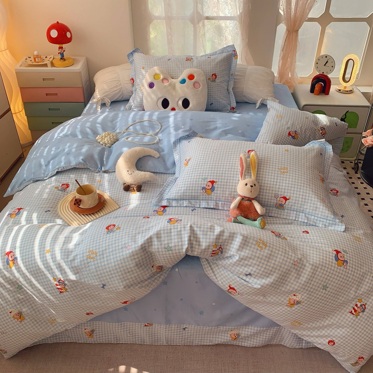 91家纺网 家纺一手货源 找家纺 莱豫家纺 2025新款小清新全棉纯棉四件套 星星人蓝