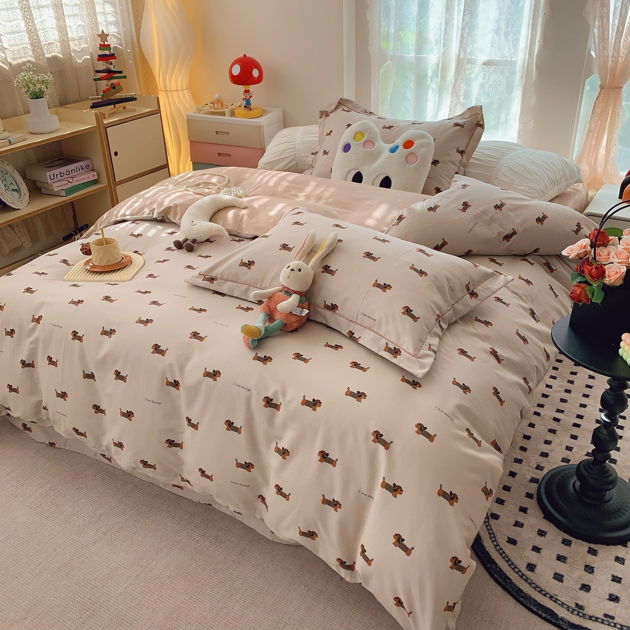 91家纺网 家纺一手货源 找家纺 莱豫家纺 2025新款小清新全棉纯棉四件套 可爱狗狗咖