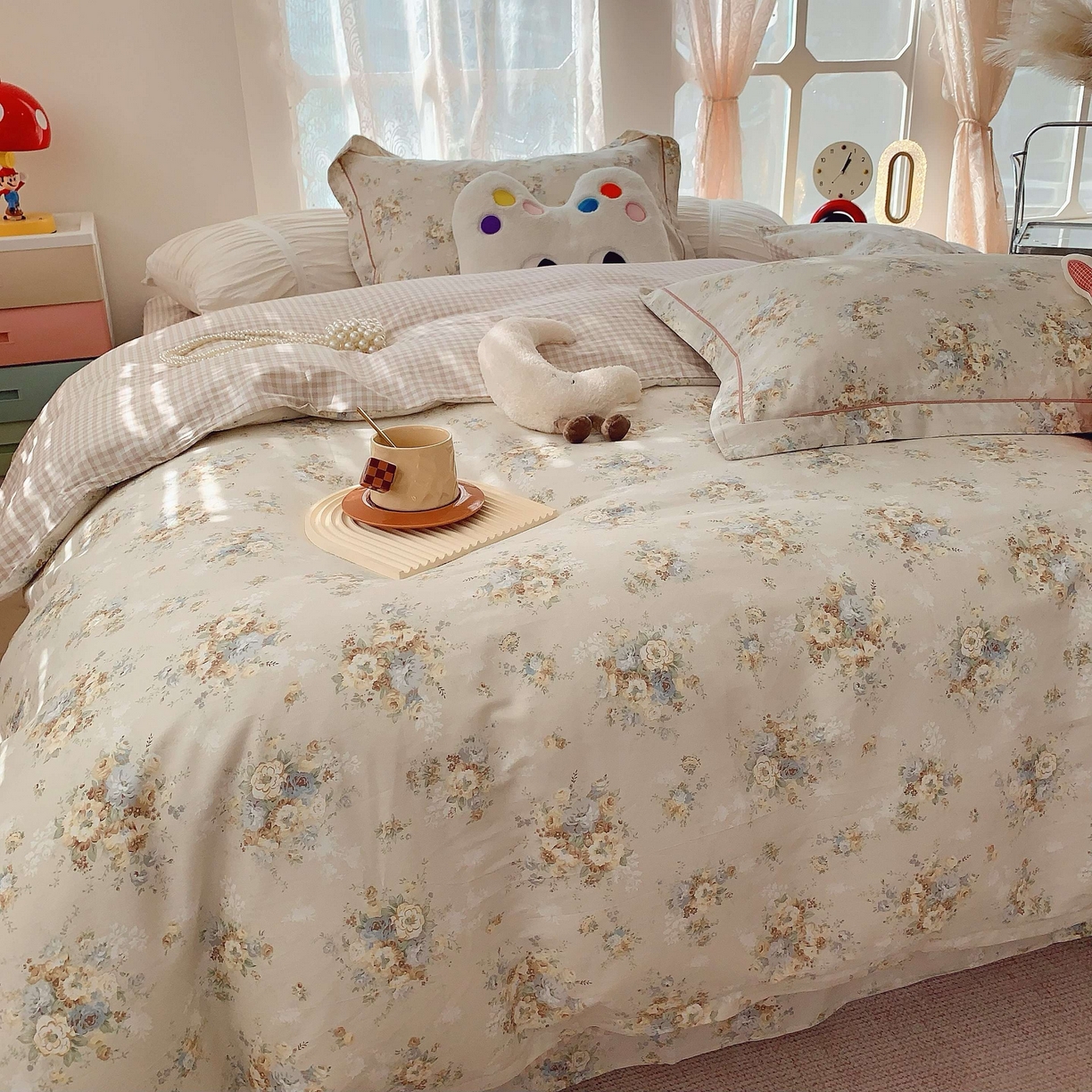 91家纺网 家纺一手货源 找家纺 莱豫家纺 2025新款小清新全棉纯棉四件套 锦绣咖