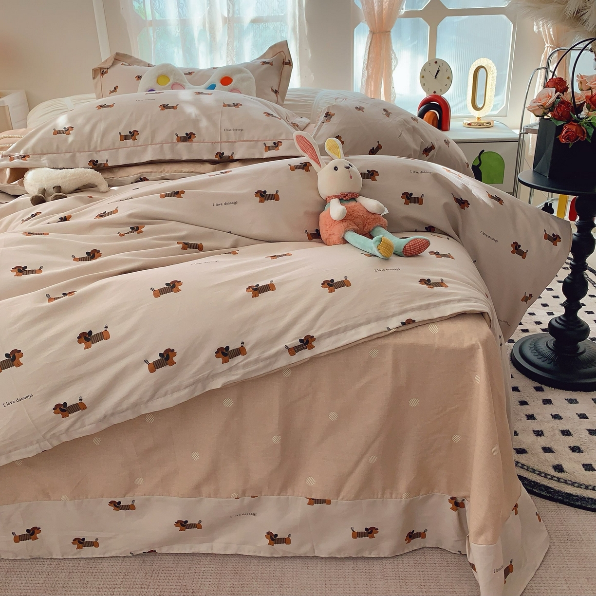 91家纺网 家纺一手货源 找家纺 莱豫家纺 2025新款小清新全棉纯棉四件套 可爱狗狗咖