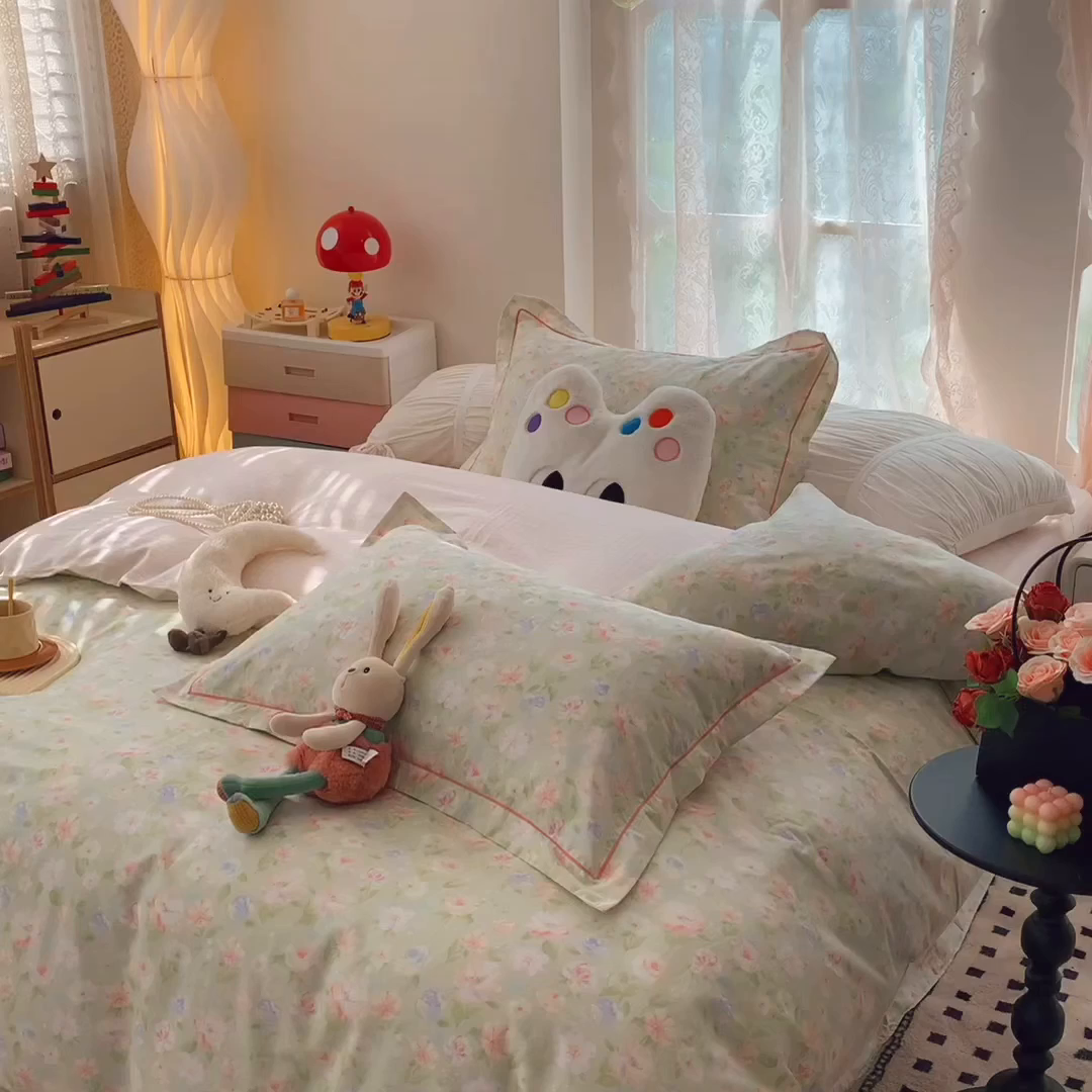 91家纺网 家纺一手货源 找家纺 莱豫家纺 2025新款小清新全棉纯棉四件套 小小花园