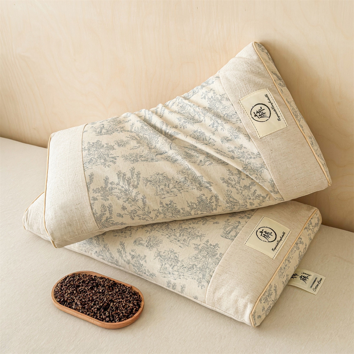 91家纺网 家纺一手货源 找家纺 麦肯锡 2025新款棉麻古朴荞麦助眠枕  枕头枕芯 田园蓝/只