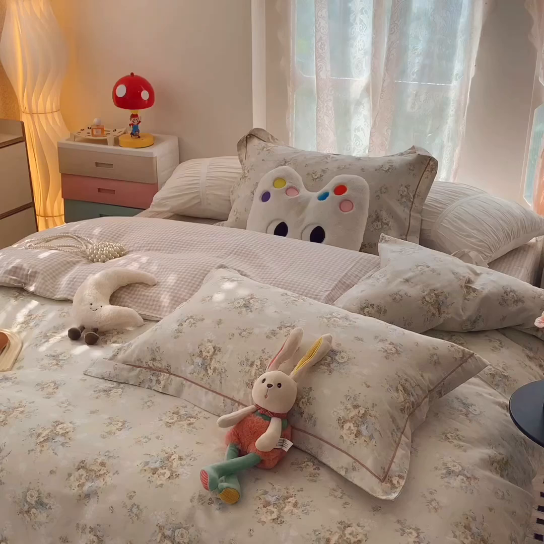 91家纺网 家纺一手货源 找家纺 莱豫家纺 2025新款小清新全棉纯棉四件套 锦绣咖