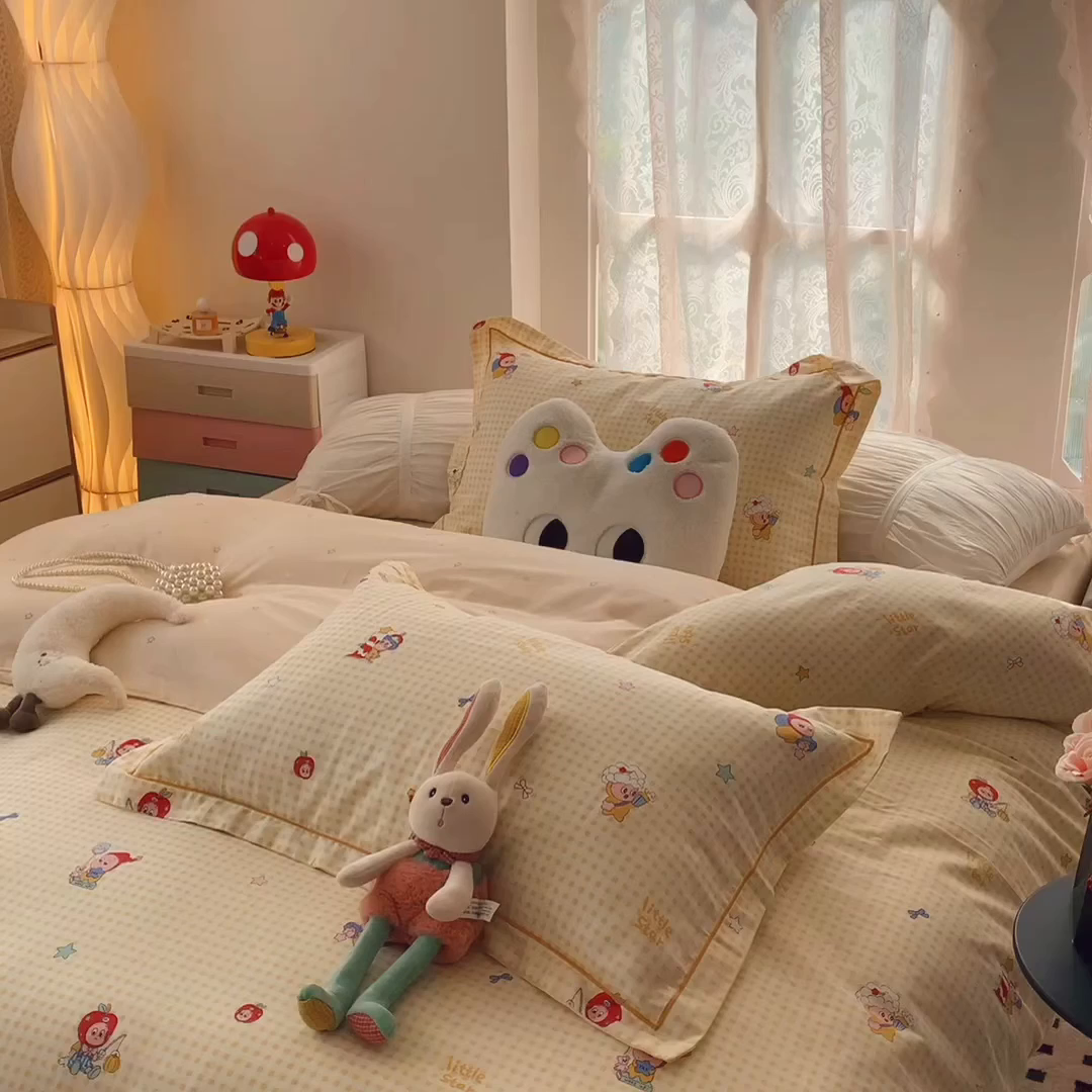 91家纺网 家纺一手货源 找家纺 莱豫家纺 2025新款小清新全棉纯棉四件套 星星人黄