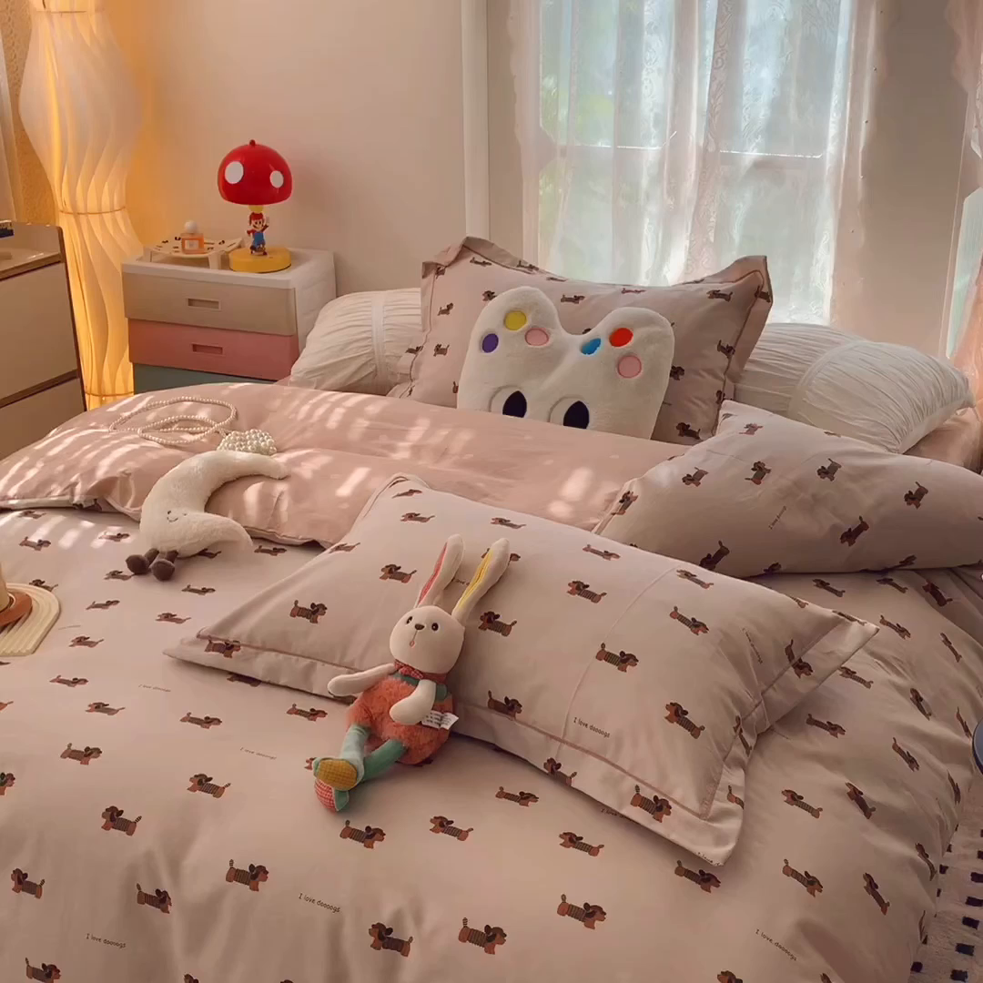 91家纺网 家纺一手货源 找家纺 莱豫家纺 2025新款小清新全棉纯棉四件套 可爱狗狗咖