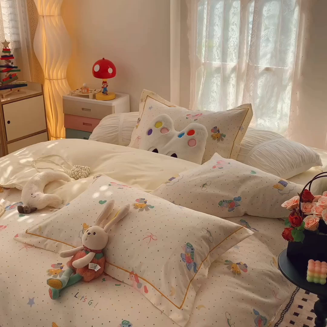 91家纺网 家纺一手货源 找家纺 莱豫家纺 2025新款小清新全棉纯棉四件套 小飞马