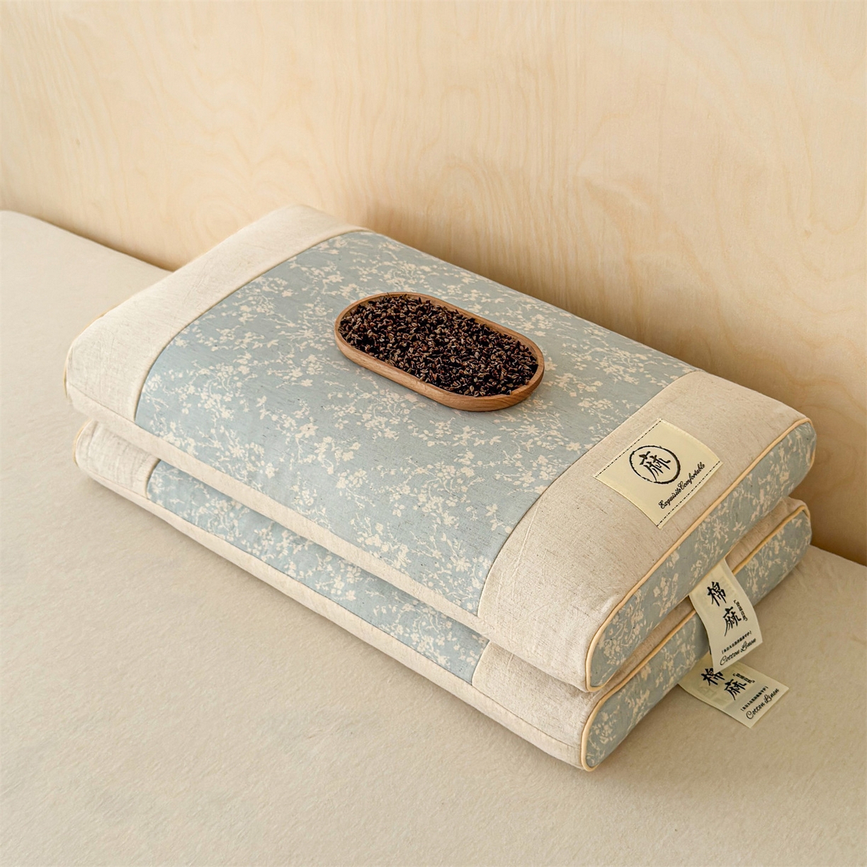 91家纺网 家纺一手货源 找家纺 麦肯锡 2025新款棉麻古朴荞麦助眠枕  枕头枕芯 花卉蓝/对