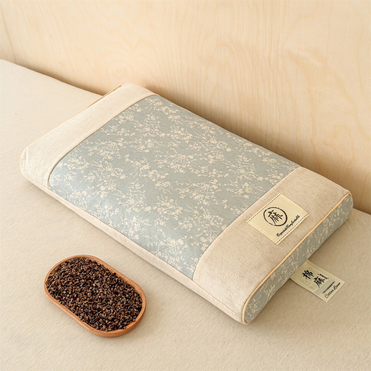 91家纺网 家纺一手货源 找家纺 麦肯锡 2025新款棉麻古朴荞麦助眠枕  枕头枕芯 花卉蓝/对