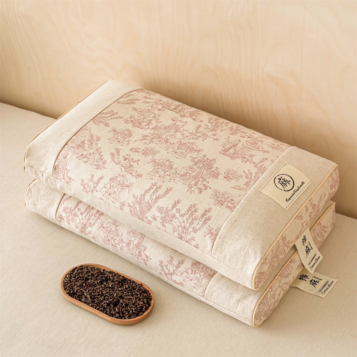 91家纺网 家纺一手货源 找家纺 麦肯锡 2025新款棉麻古朴荞麦助眠枕  枕头枕芯 田园粉/对