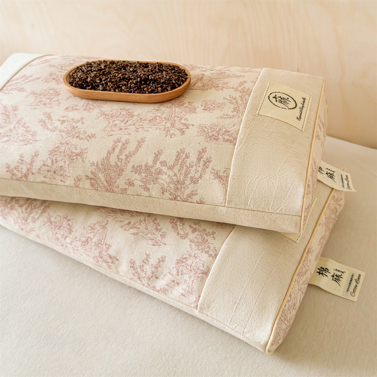 91家纺网 家纺一手货源 找家纺 麦肯锡 2025新款棉麻古朴荞麦助眠枕  枕头枕芯 田园粉/对