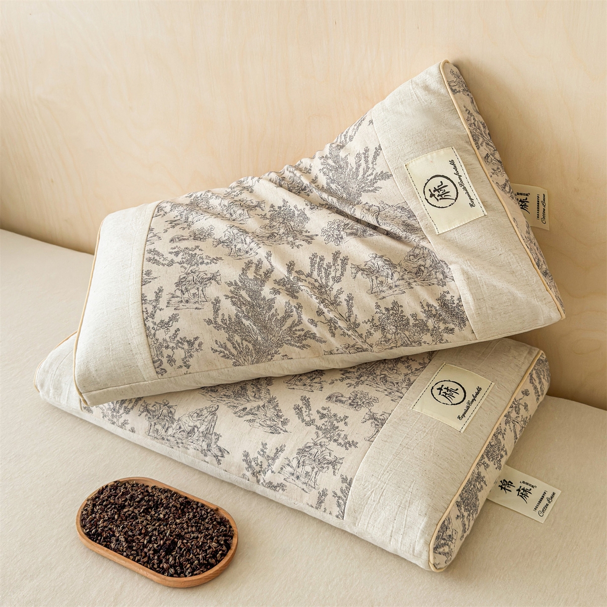 91家纺网 家纺一手货源 找家纺 麦肯锡 2025新款棉麻古朴荞麦助眠枕  枕头枕芯 田园灰/对