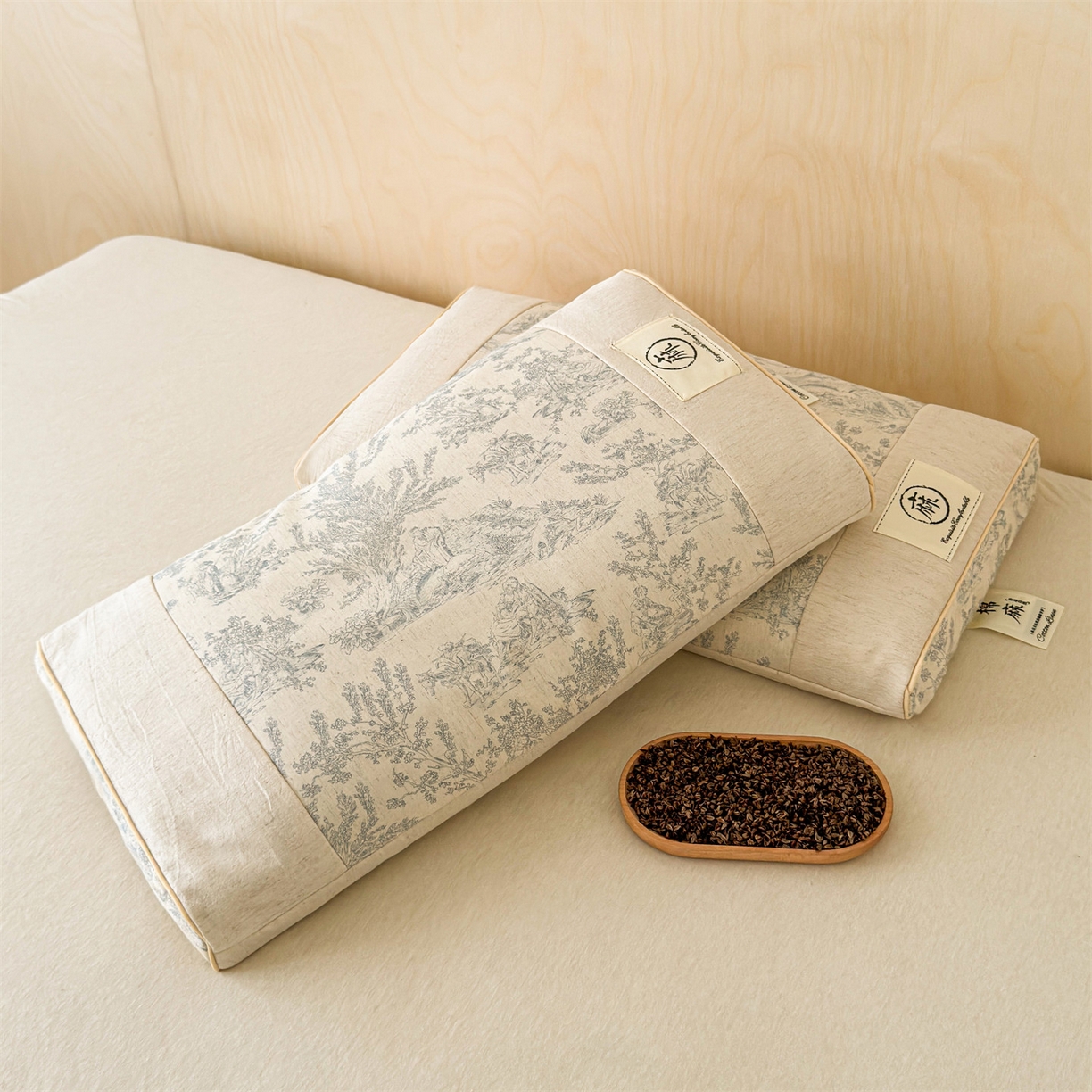 91家纺网 家纺一手货源 找家纺 麦肯锡 2025新款棉麻古朴荞麦助眠枕  枕头枕芯 田园蓝/对