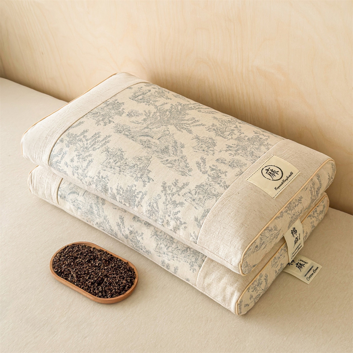 91家纺网 家纺一手货源 找家纺 麦肯锡 2025新款棉麻古朴荞麦助眠枕  枕头枕芯 田园蓝/对