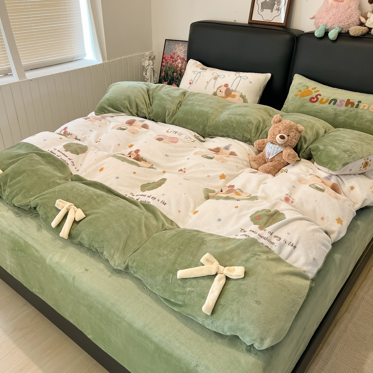 子钦家纺 2025新款田园复古风加厚牛奶绒蝴蝶结款毛巾绣四件套 牛奶绒公主风-趴趴狗