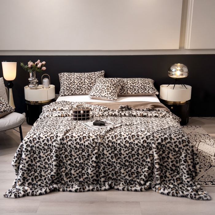 91家纺网 家纺一手货源 找家纺 九花鹿 2025新款丹麦皮草绒水貂绒盖毯毛毯毯子-豹纹 豹纹咖