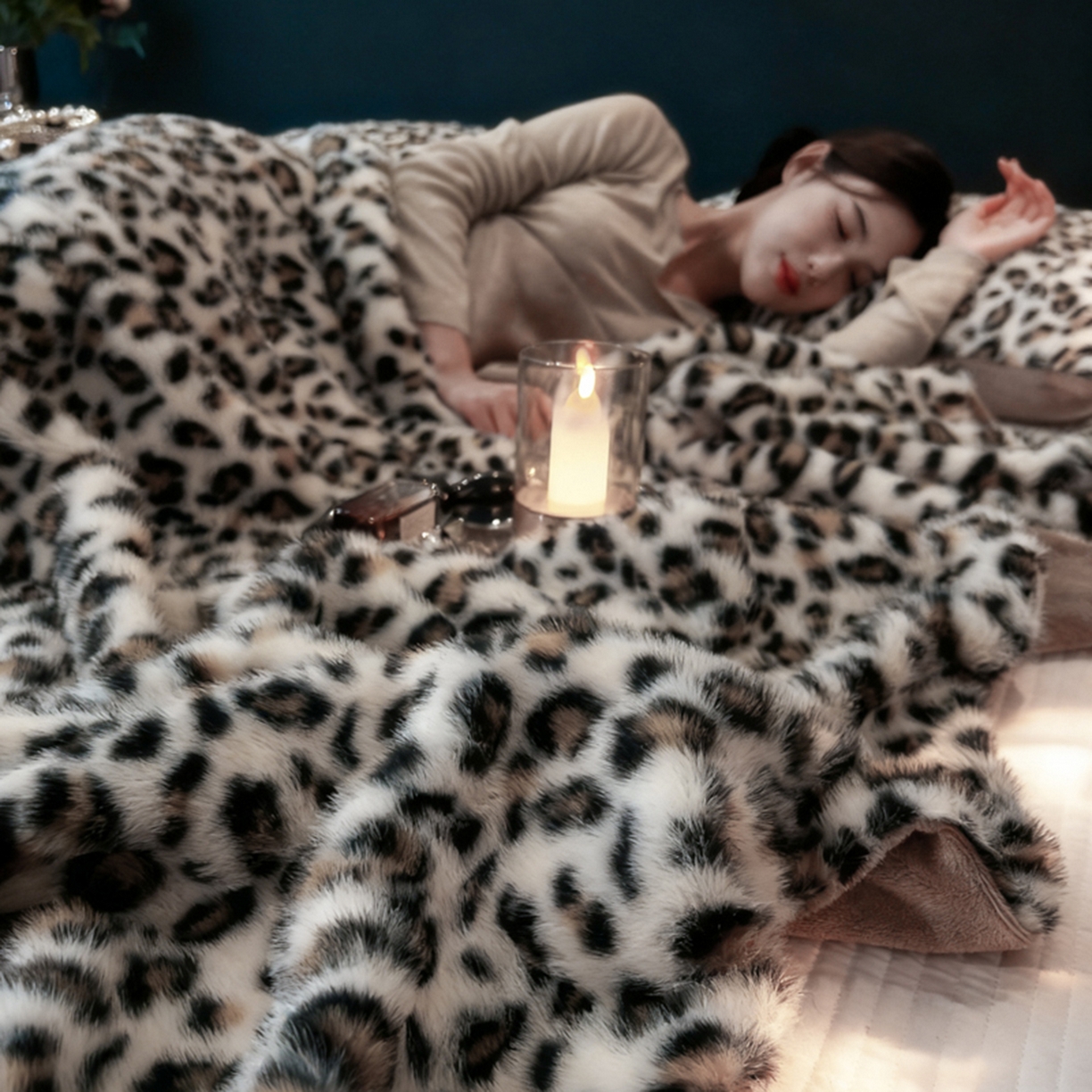 91家纺网 家纺一手货源 找家纺 九花鹿 2025新款丹麦皮草绒水貂绒盖毯毛毯毯子-豹纹 豹纹咖