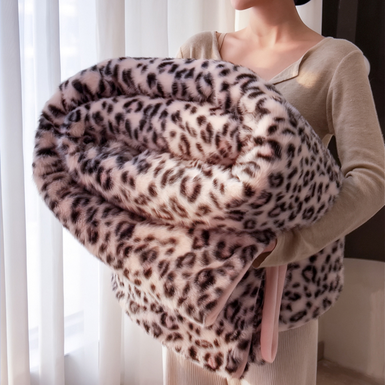 91家纺网 家纺一手货源 找家纺 九花鹿 2025新款丹麦皮草绒水貂绒盖毯毛毯毯子-豹纹 豹纹粉