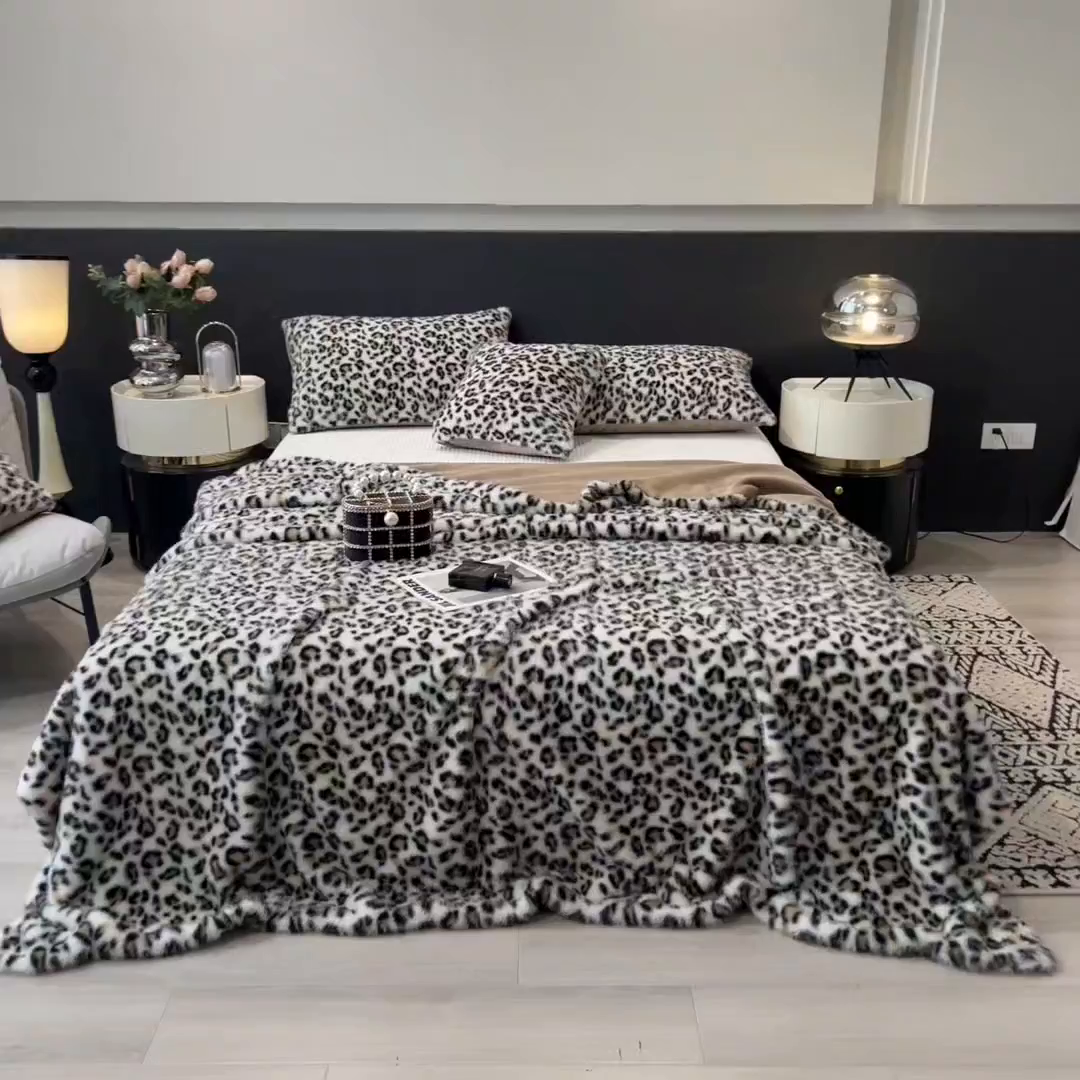 91家纺网 家纺一手货源 找家纺 九花鹿 2025新款丹麦皮草绒水貂绒盖毯毛毯毯子-豹纹 豹纹咖