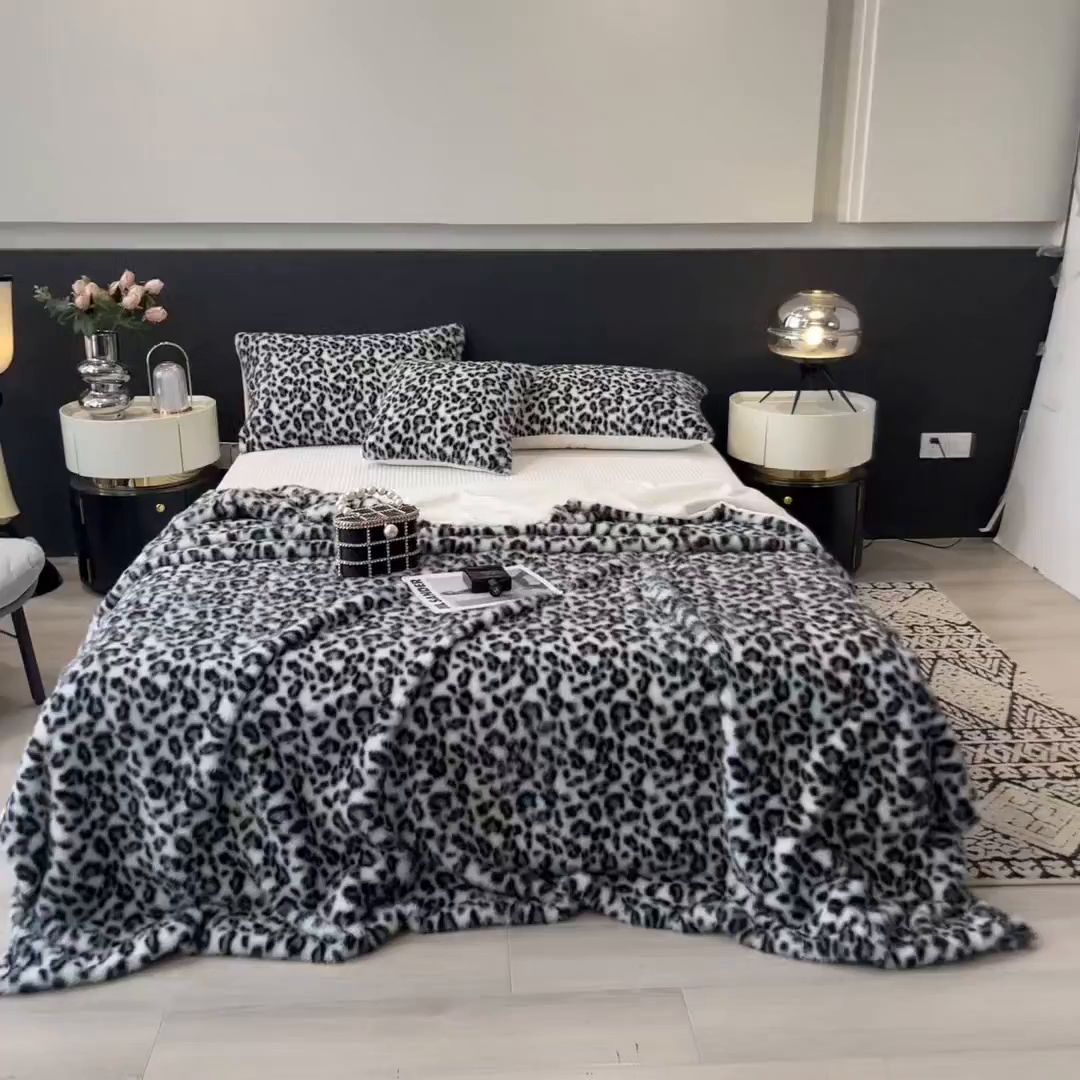 91家纺网 家纺一手货源 找家纺 九花鹿 2025新款丹麦皮草绒水貂绒盖毯毛毯毯子-豹纹 豹纹灰