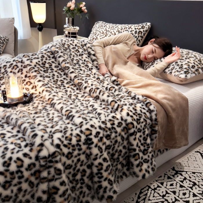 九花鹿 2025新款丹麦皮草绒水貂绒盖毯毛毯毯子-豹纹 豹纹咖