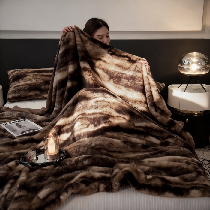 91家纺网 家纺一手货源 找家纺 九花鹿 2025新款丹麦皮草绒水貂绒盖毯毛毯毯子 玛丽娜-拿铁棕