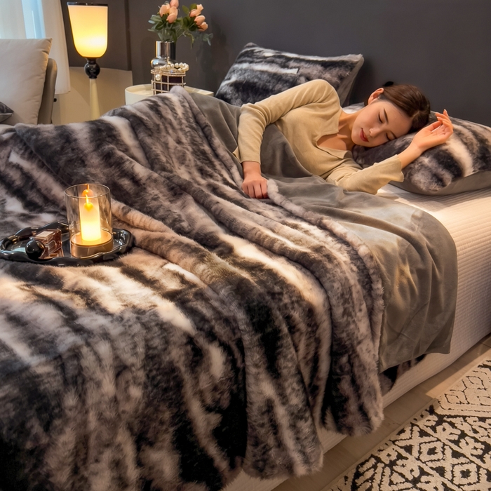九花鹿 2025新款丹麦皮草绒水貂绒盖毯毛毯毯子 玛丽娜-气质灰