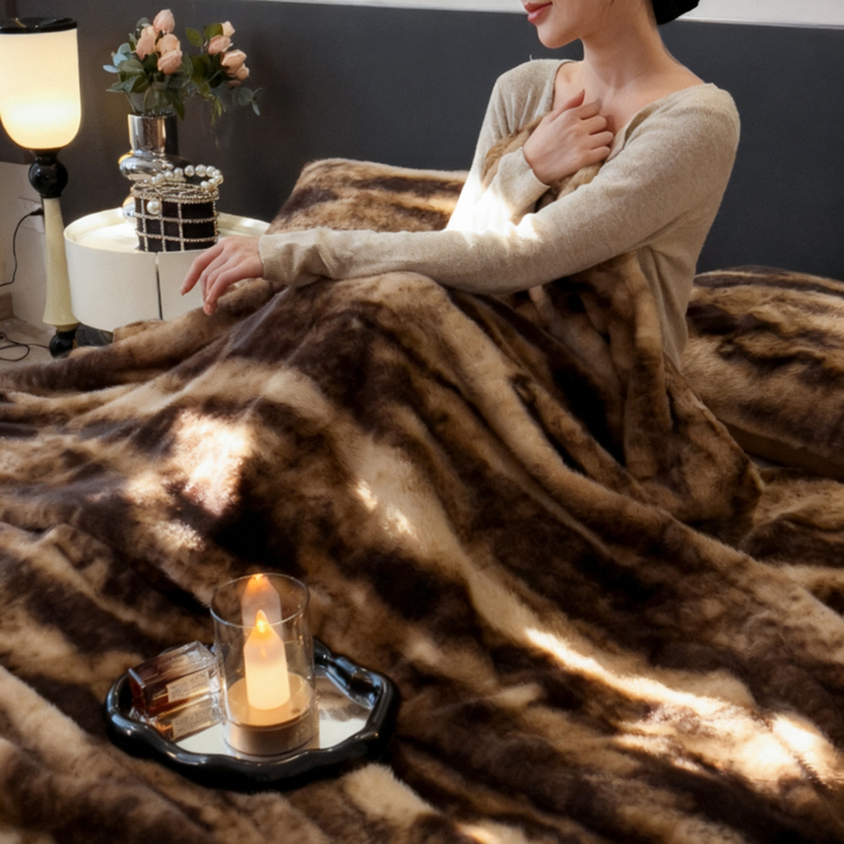 91家纺网 家纺一手货源 找家纺 九花鹿 2025新款丹麦皮草绒水貂绒盖毯毛毯毯子 玛丽娜-拿铁棕