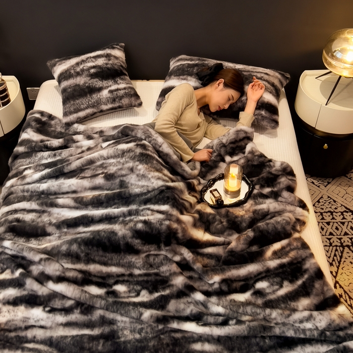 91家纺网 家纺一手货源 找家纺 九花鹿 2025新款丹麦皮草绒水貂绒盖毯毛毯毯子 玛丽娜-气质灰