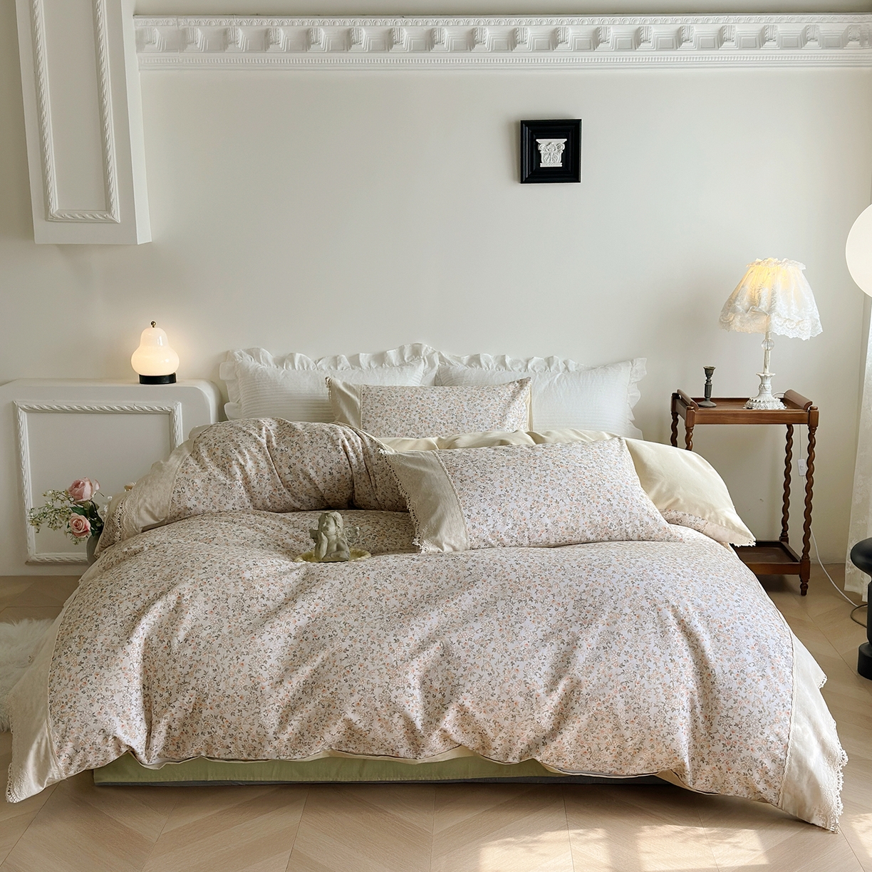 91家纺网 家纺一手货源 找家纺 怡家居 2025新款全棉纯棉磨毛数码印花韩系花边四件套 初暖