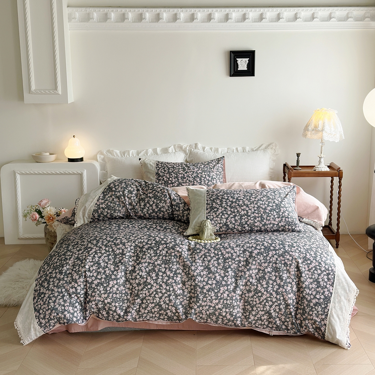 91家纺网 家纺一手货源 找家纺 怡家居 2025新款全棉纯棉磨毛数码印花韩系花边四件套 浪漫