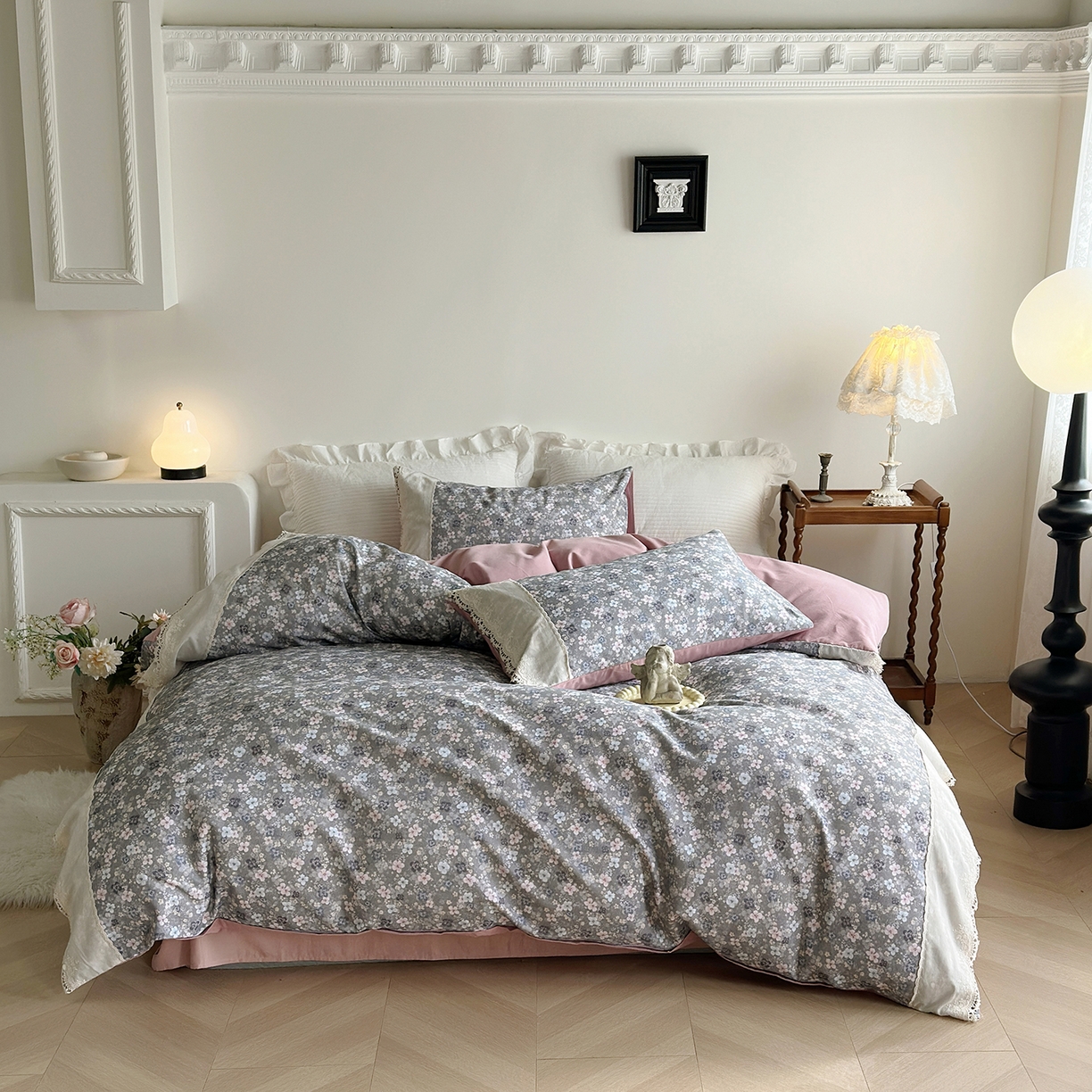 91家纺网 家纺一手货源 找家纺 怡家居 2025新款全棉纯棉磨毛数码印花韩系花边四件套 玛丽亚