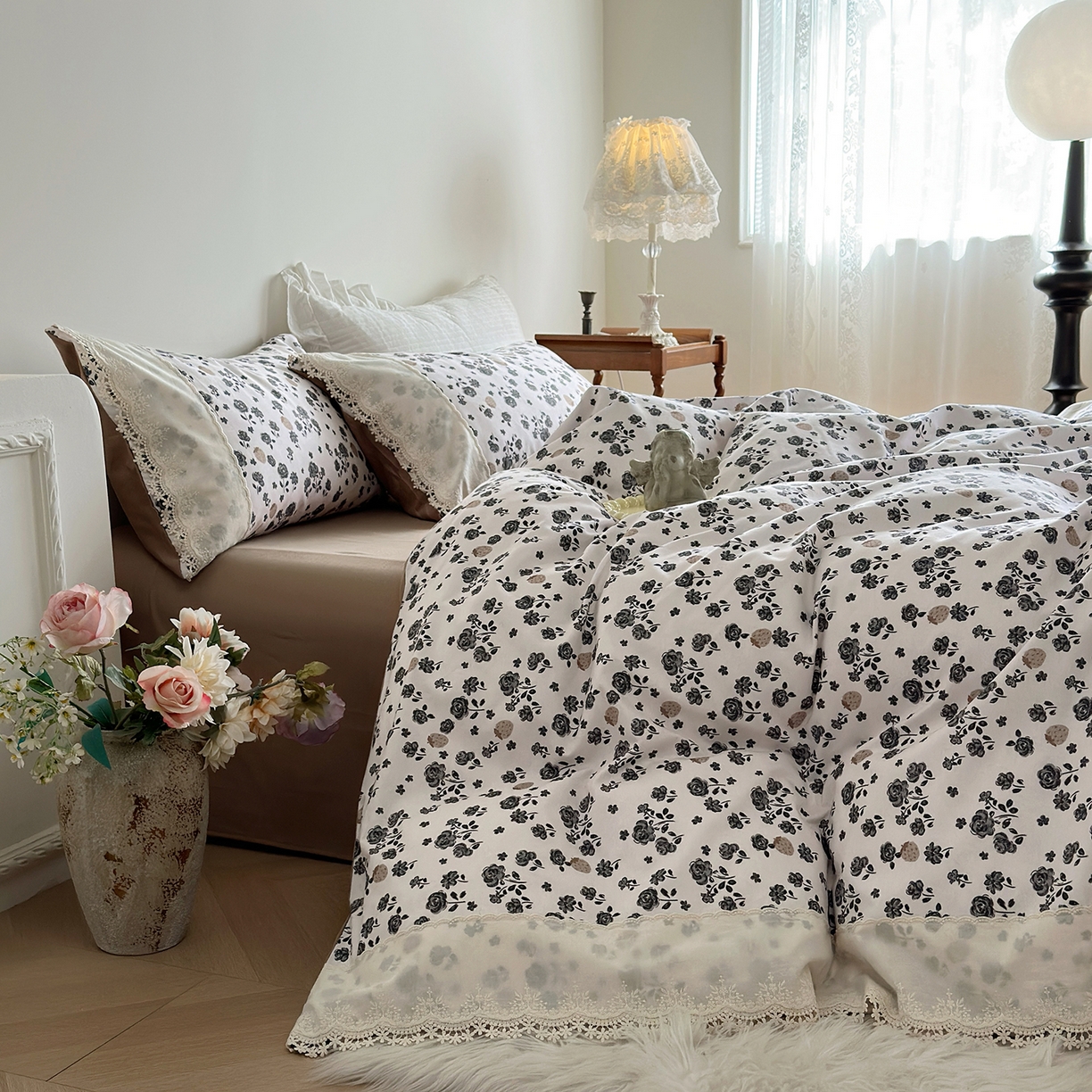 91家纺网 家纺一手货源 找家纺 怡家居 2025新款全棉纯棉磨毛数码印花韩系花边四件套 语棠