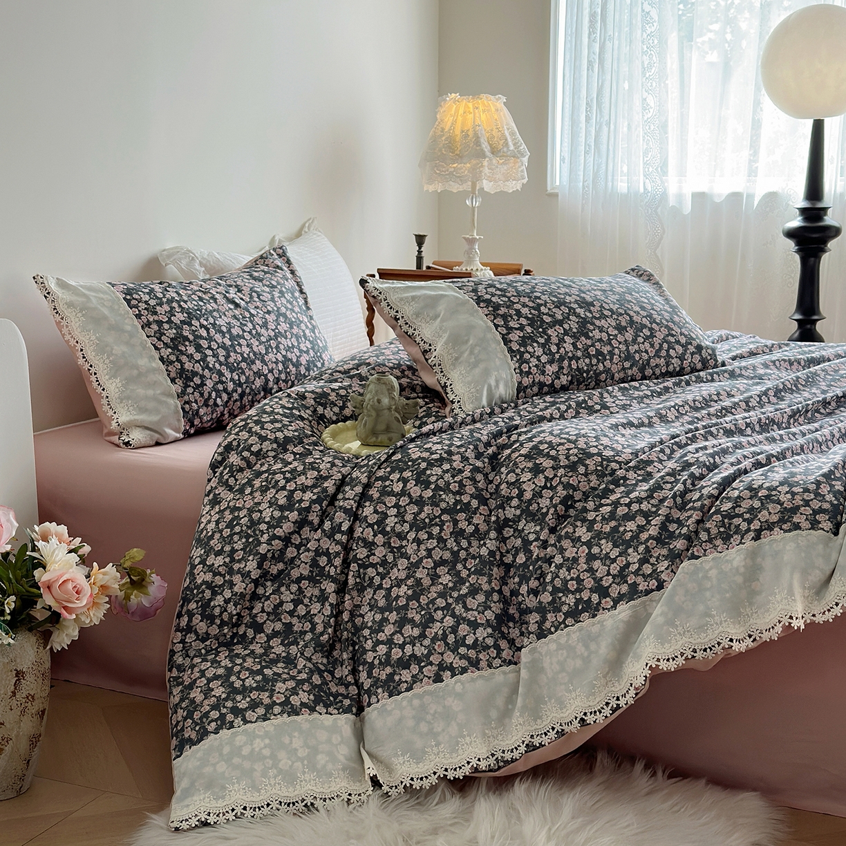 91家纺网 家纺一手货源 找家纺 怡家居 2025新款全棉纯棉磨毛数码印花韩系花边四件套 浪漫