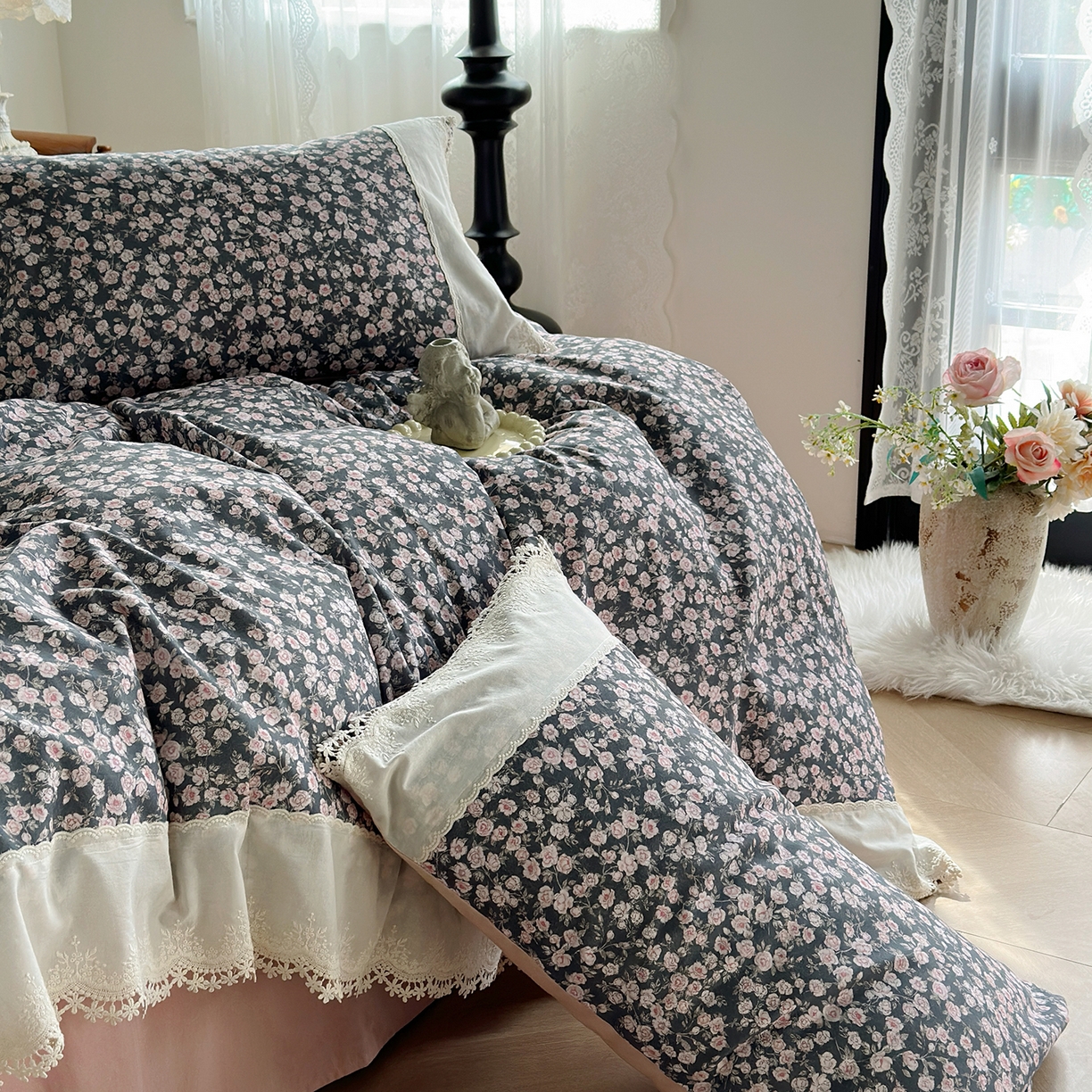 91家纺网 家纺一手货源 找家纺 怡家居 2025新款全棉纯棉磨毛数码印花韩系花边四件套 浪漫