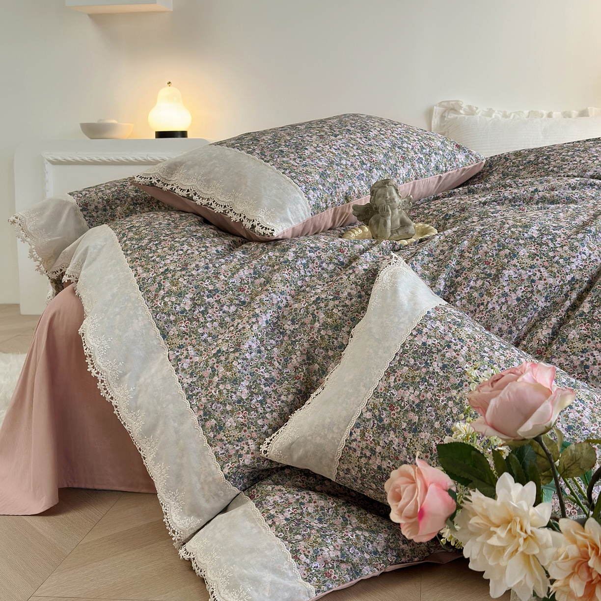 91家纺网 家纺一手货源 找家纺 怡家居 2025新款全棉纯棉磨毛数码印花韩系花边四件套 珍妮