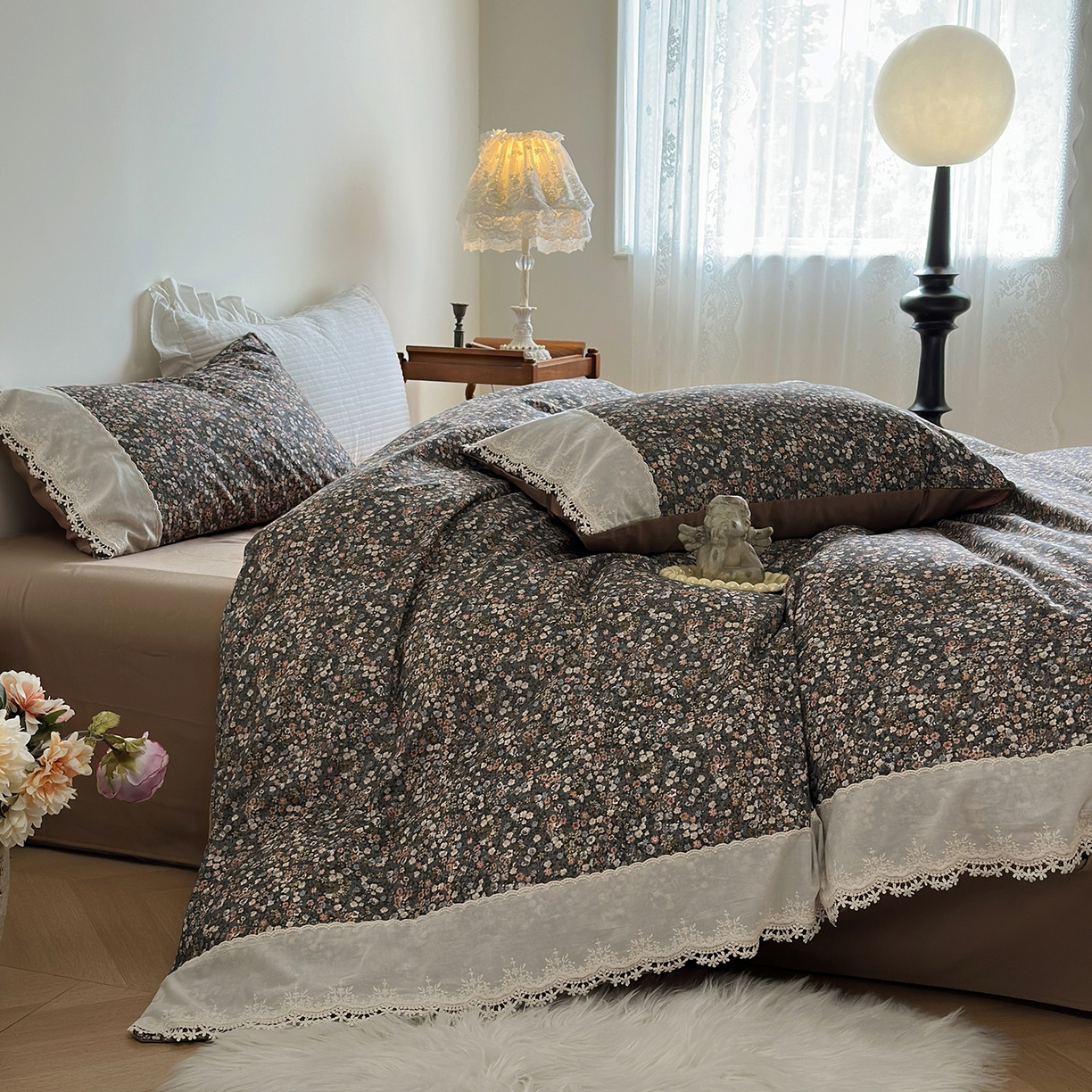 91家纺网 家纺一手货源 找家纺 怡家居 2025新款全棉纯棉磨毛数码印花韩系花边四件套 阑珊