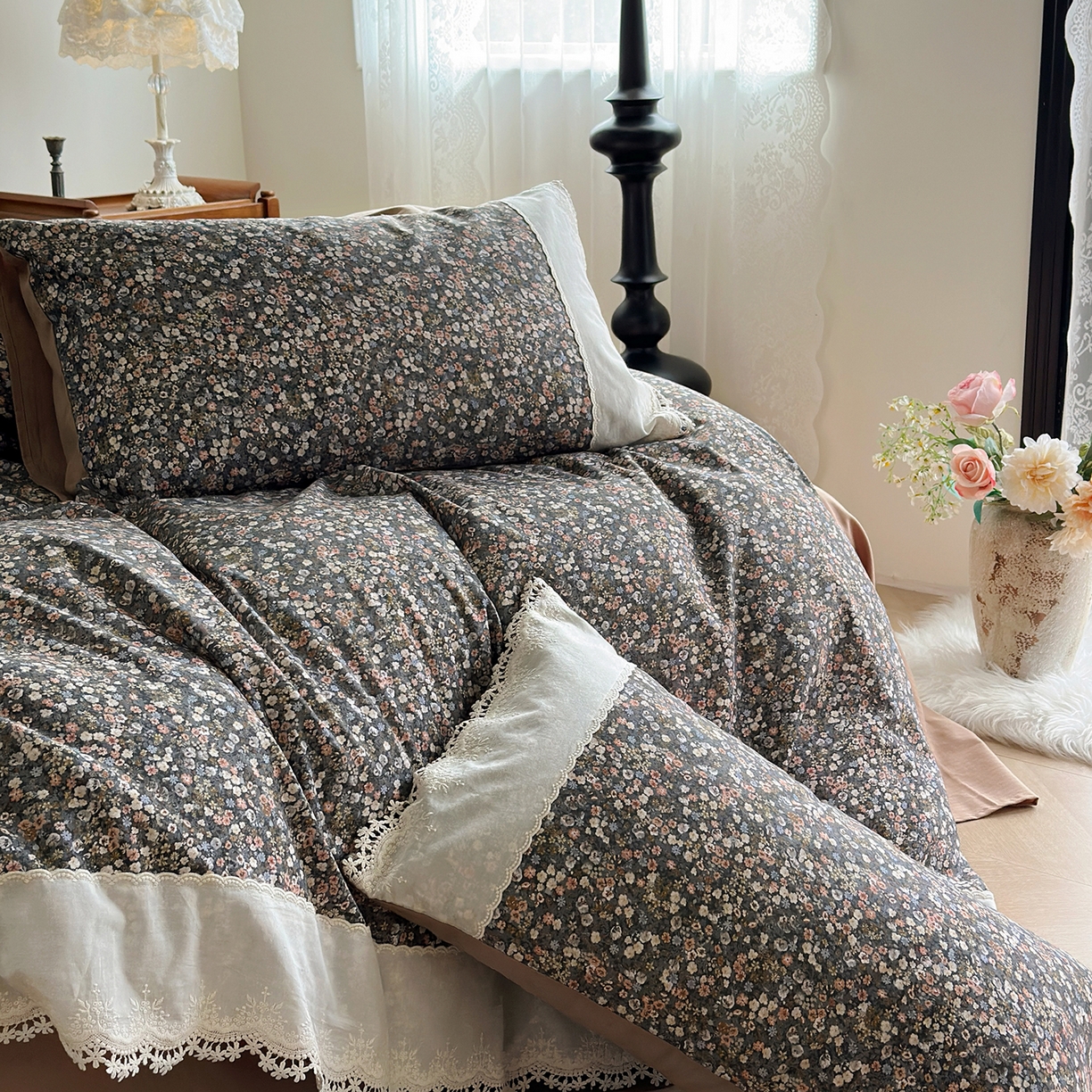 91家纺网 家纺一手货源 找家纺 怡家居 2025新款全棉纯棉磨毛数码印花韩系花边四件套 阑珊