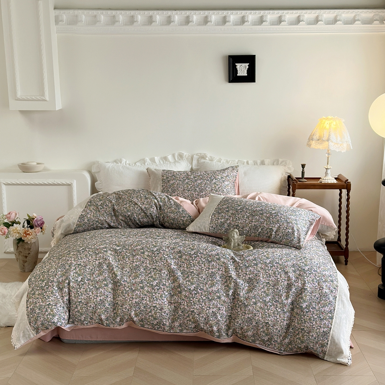 91家纺网 家纺一手货源 找家纺 怡家居 2025新款全棉纯棉磨毛数码印花韩系花边四件套 珍妮