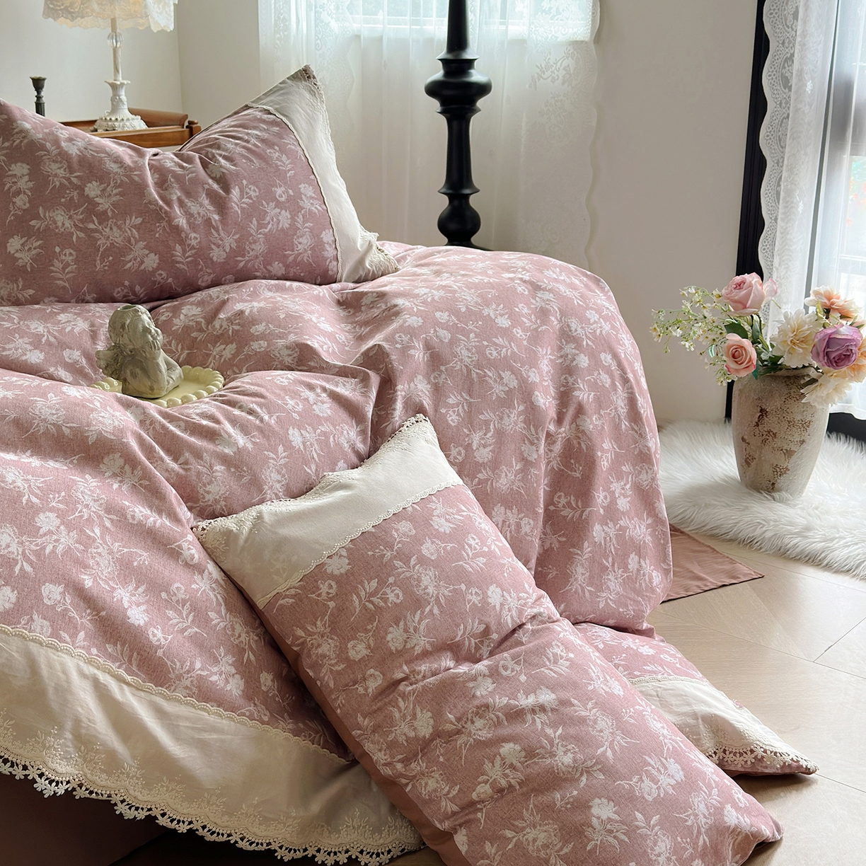 91家纺网 家纺一手货源 找家纺 怡家居 2025新款全棉纯棉磨毛数码印花韩系花边四件套 兰序